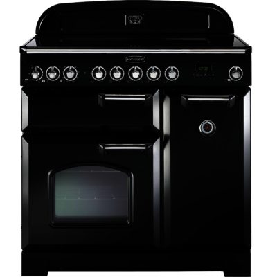 Rangemaster Classic Deluxe 90cm Electric Ceramic 81620 Range Cooker in Black with Brass Trim and Ceramic Hob